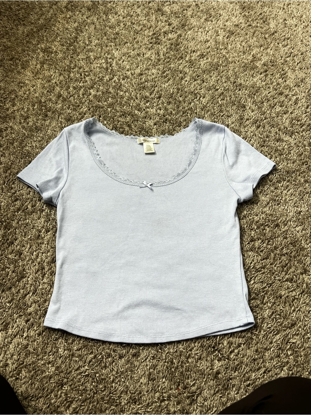 Bozzolo Pale Blue Scoop Neck Short Sleeve Top with Lace Trim